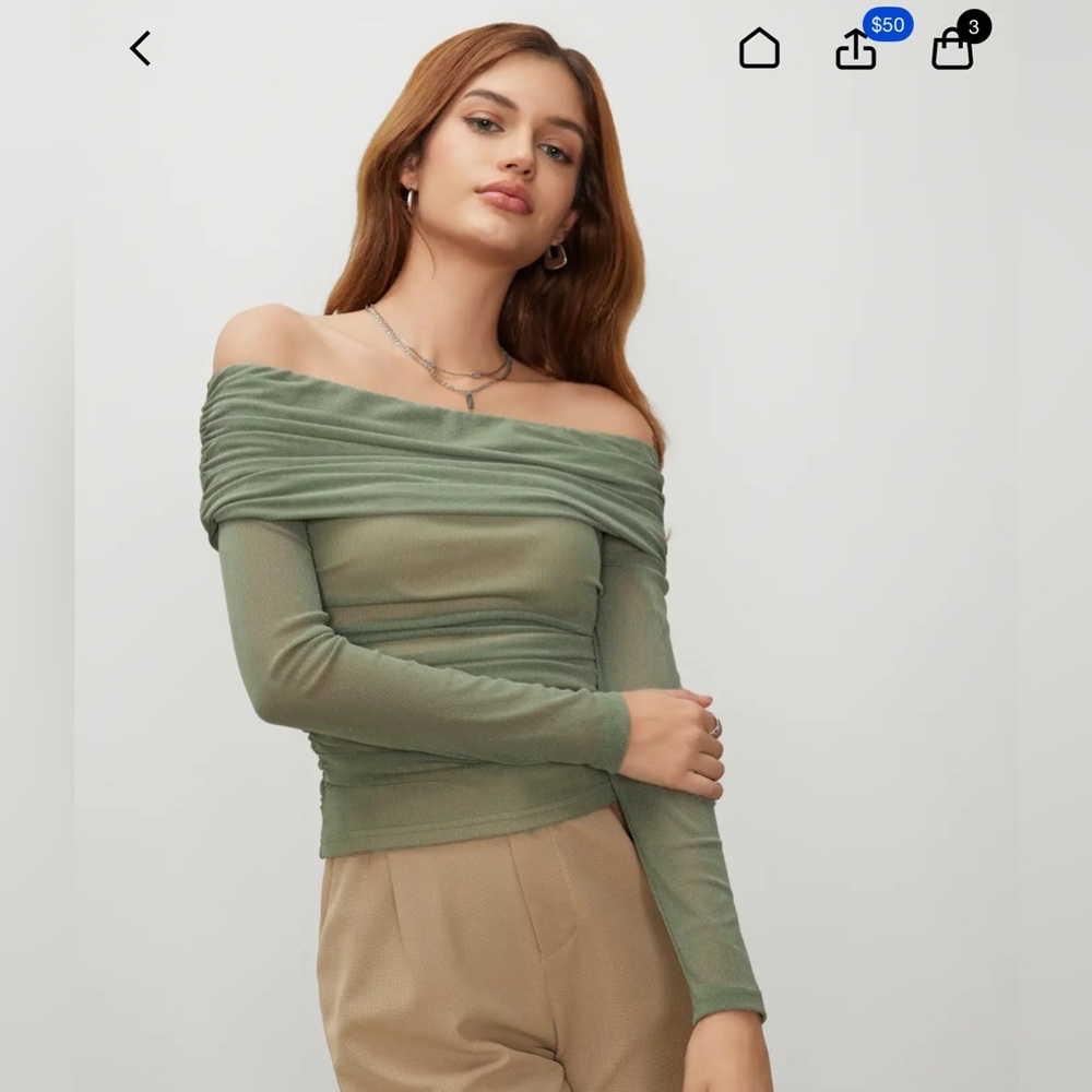 Cider Mesh Off-Shoulder Solid Olive and Beige Top